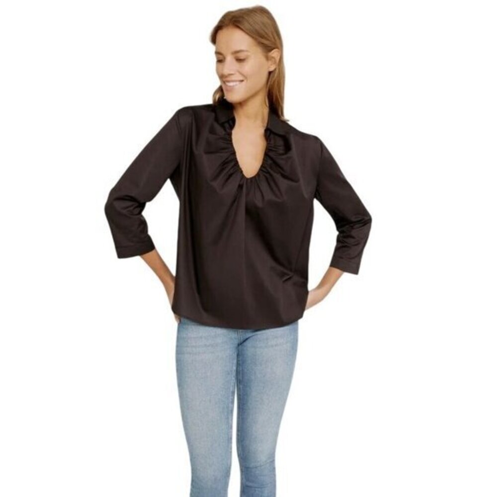 Harshman Nerello Blouse Black Ruched V-Neck 3/4 Sleeves 100% Cotton Size S $196
